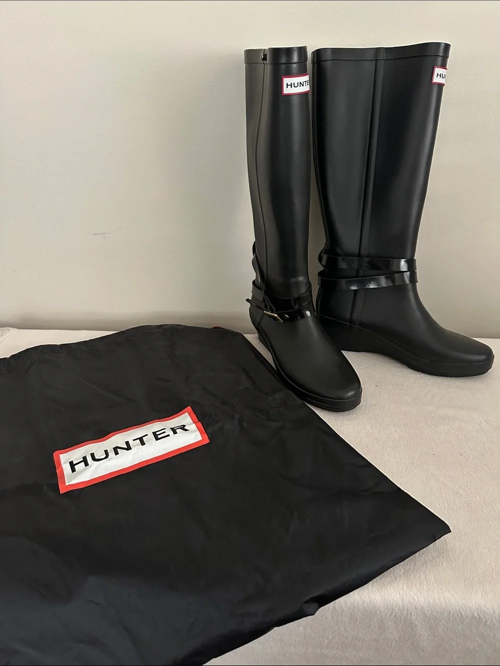 Hunter Black Tall Gloss Rain Boots with Logo